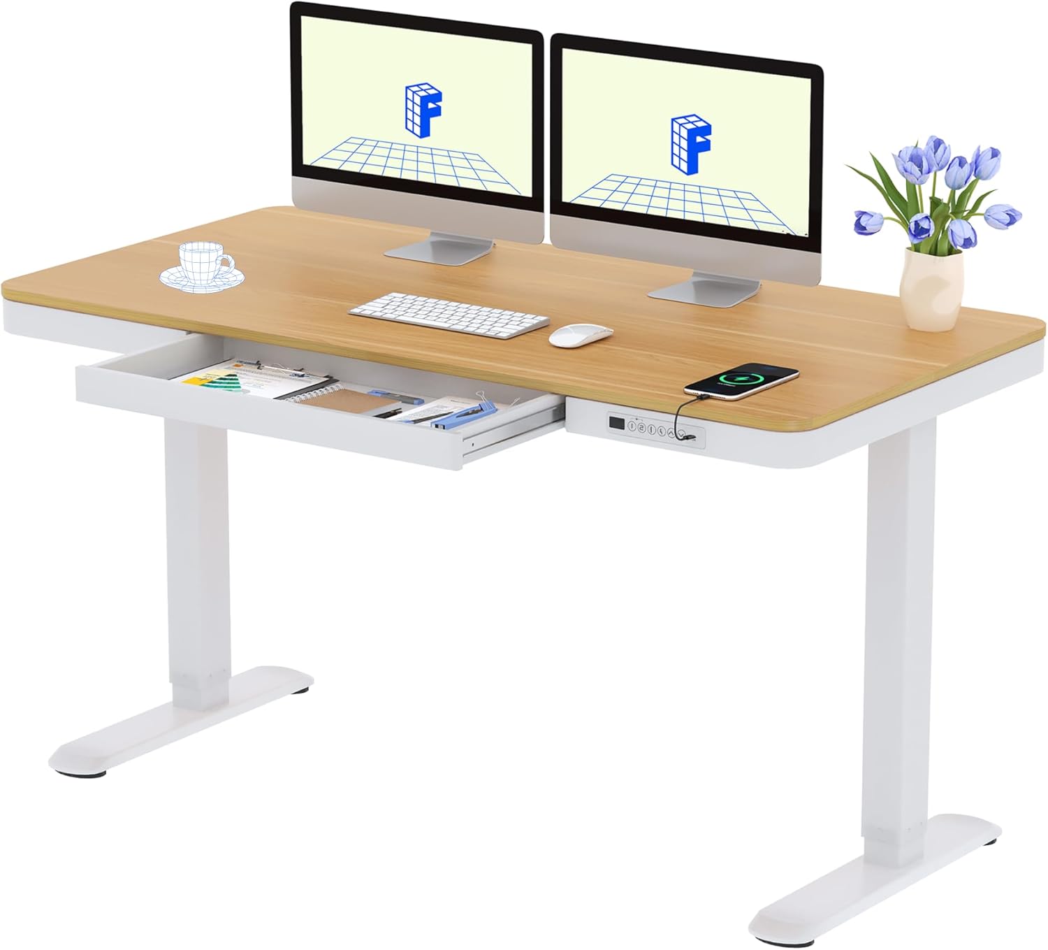 FLEXISPOT scrivania elettrica regolabile in altezza con display LED, memoria e porta USB, con cassetto, ideale per home office, 140 x 70 cm (Acero Luxury)