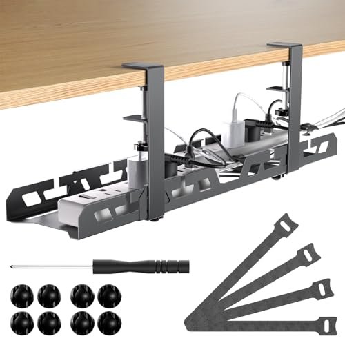 SURFOU Gestione dei Raccogli Cavi Scrivania Estensibile (39-66cm) - Organizer Cavi Sotto Scrivania in Metallo, Vassoio Porta Cavi Telescopico senza Fori, Cable Management per Ufficio e Casa