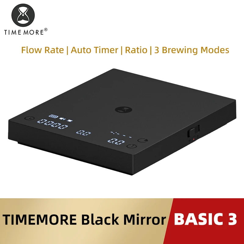TIMEMORE Basic 3 Black Mirror Bilancia per Caffè Pour Over ed Espresso, con Misurazione del Flusso, Timer Automatico, Rapporto, 3 Modalità di Preparazione, Capacità 2kg