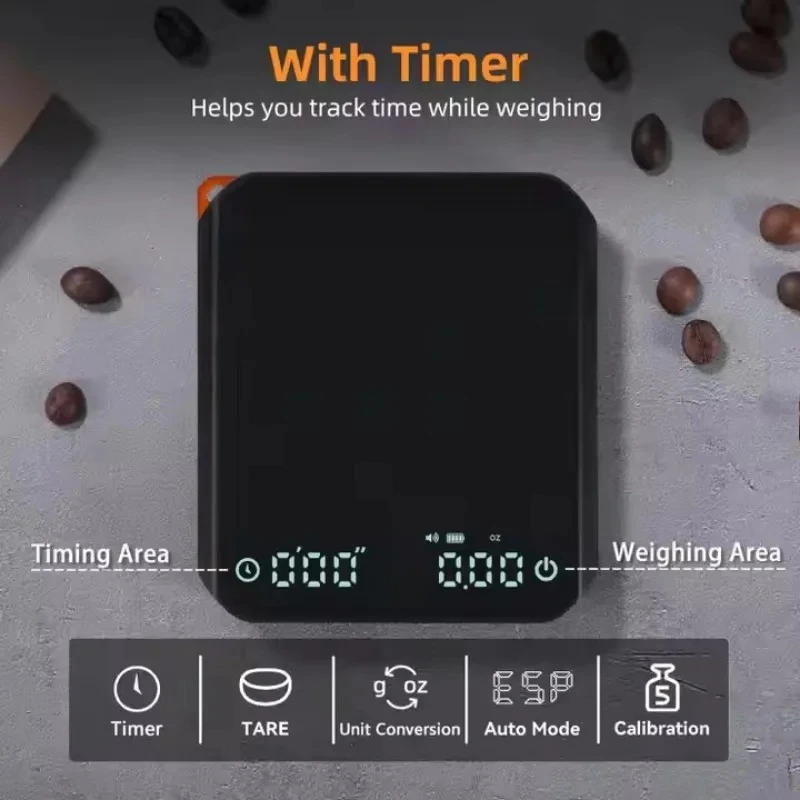 KitchenMini bilancia da caffè con timer bilancia da cucina digitale ricaricabile da 2 kg/0,1 g per caffè espresso e versatore