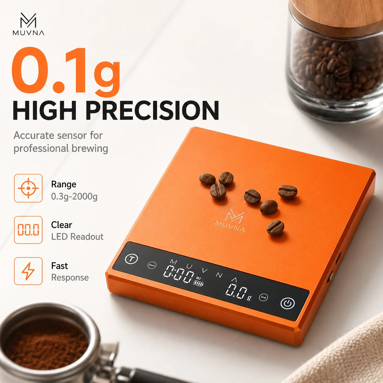 Bilancia per Caffè MUVNA, Bilancia Digitale di Precisione per Espresso con Timer, Bilancia per Caffè Pour Over Ricaricabile, Bilancia da Cucina con Corpo in Metallo