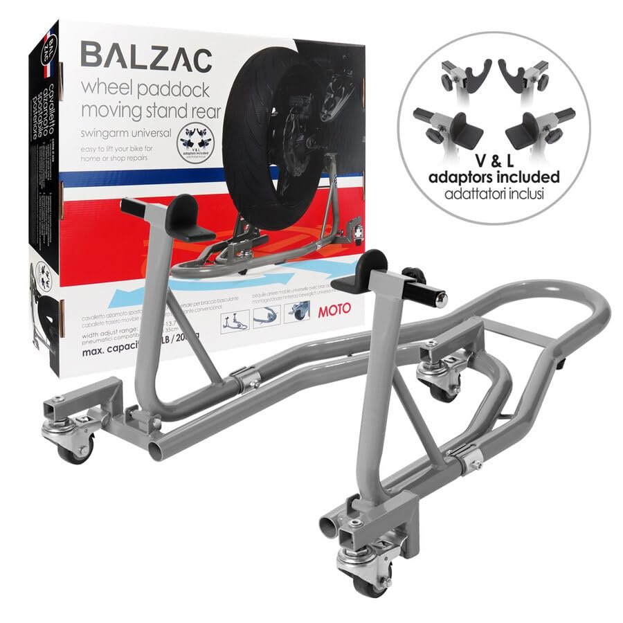 BALZAC Cavalletto Moto Posteriore Alzamoto Universale con Ruote, Struttura in Acciaio Rinforzato, Include Supporti a V e a L, Portata 200kg, per Officina e Garage