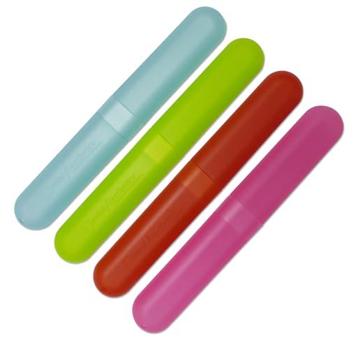 Astucci da viaggio per spazzolino (conf. da 4) ~ Custodia di plastica per tenere puliti gli spazzolini in viaggio (rosa, blu, verde e arancione)