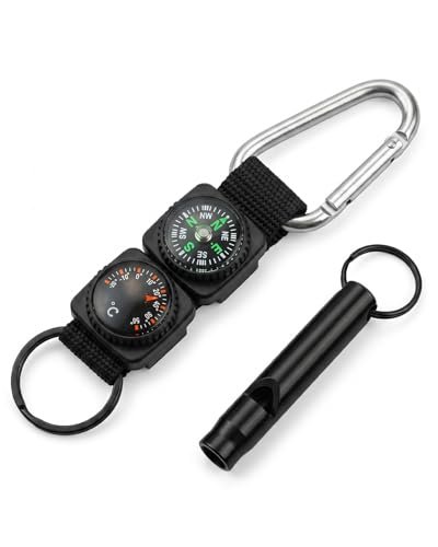 YIPFEN Bussola Portachiavi Set 2 Pezzi Metallo Nero con Fischietto di Emergenza per Navigazione Outdoor, Escursionismo, Survival. Affidabile, Robusto & Pronto all'Uso.