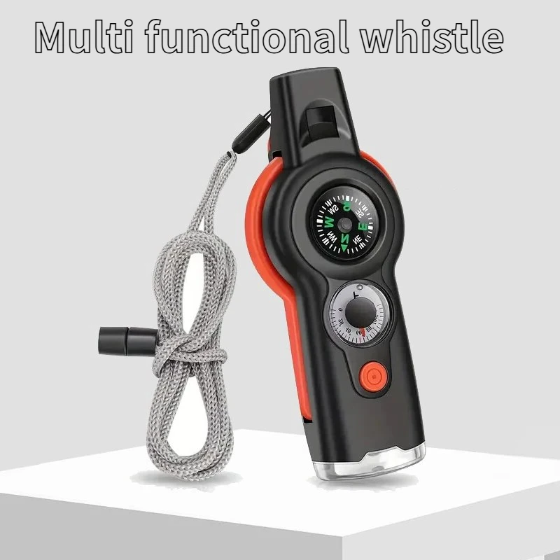 Fischietto di Sopravvivenza Multifunzione 7-in-1 per Esterni con Torcia, Riflettore, Lente d'Ingrandimento, Scomparto Portaoggetti, Bussola e Termometro