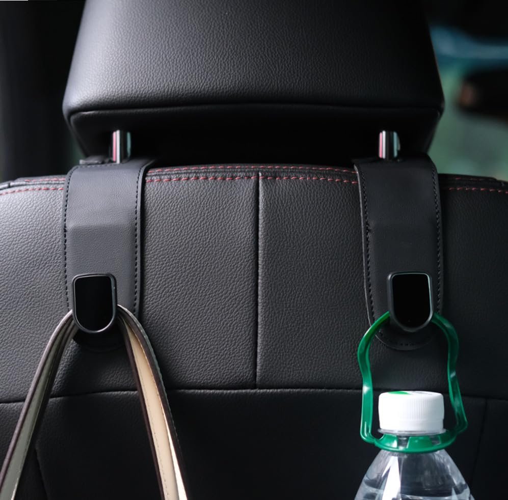 Qirc Ganci per auto, 2 pezzi, in pelle, organizer per borse, ganci universali per poggiatesta auto, per appendere borse della spesa (nero)