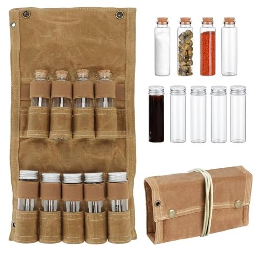 Casenly Borsa Porta Spezie Portatile con 9 Barattoli, Kit di Spezie da Campeggio, Porta Barattolo Per Condimenti Pieghevole in Tela, Borsa per Bottiglie di Spezie per Picnic Campeggio Barbecue Viaggio