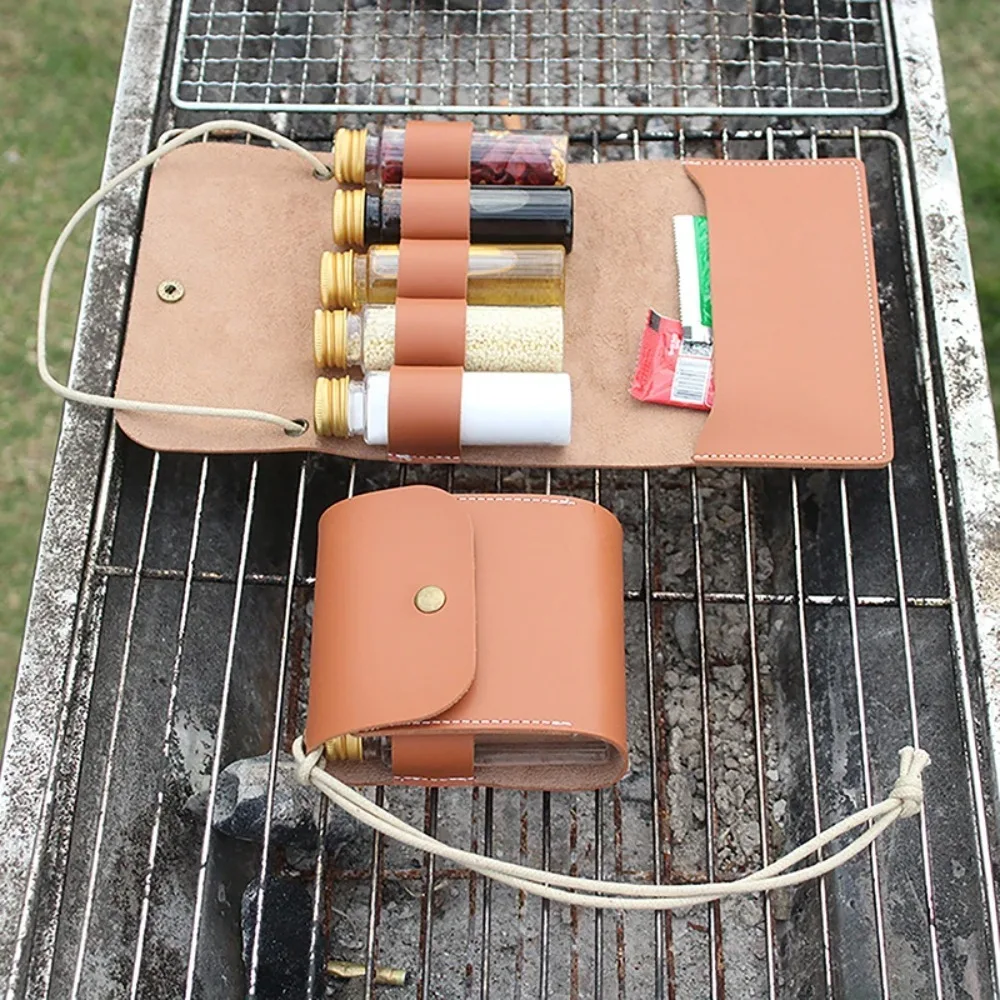 Set di bottiglie di spezie da campeggio all'aperto Borsa portatile in pelle impermeabile da campeggio Escursionismo Picnic BBQ Barbecue Borsa per bottiglie di condimento