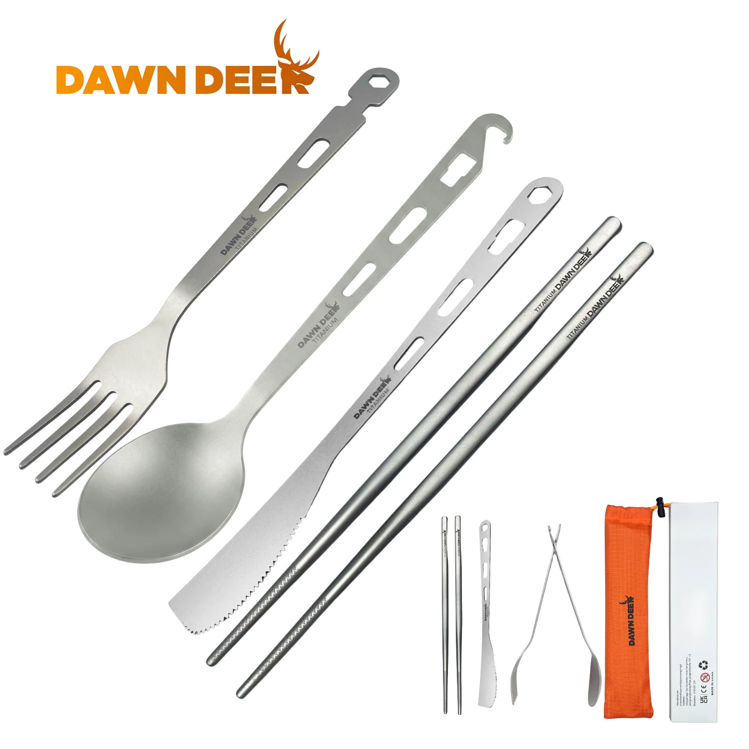 DAWN DEER Set di Posate da Campeggio in Titanio 4 Pezzi, Coltello Forchetta Bacchette Cucchiaio, Kit Utensili da Tavola Portatile Ultraleggero per Esterni