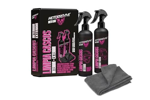 Motorrevive Kit Pulizia Caschi da Moto 200 + 200 ml. Spray Detergente Interno + Esterno e Visiera + Panno in Microfibra. Igiene Completa e Cura Professionale per Caschi da Motocicletta