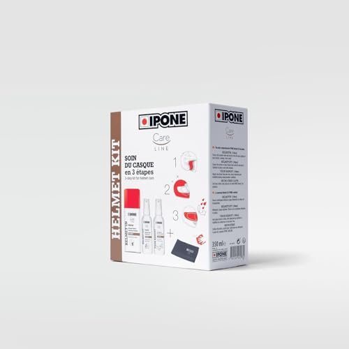 IPONE - Kit manutenzione casco moto - 1 detergente per casco esterno + 1 detergente per casco interno + 1 antipioggia + 1 panno in microfibra