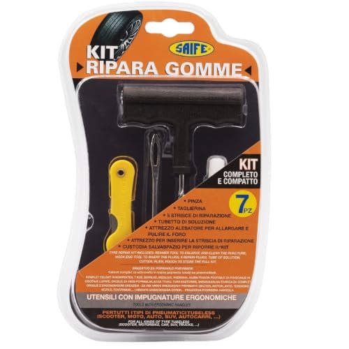 Saife Kit Ripara Pneumatici Tubeless - Kit Riparazione Gomme Fai da Te per Auto, Moto, Scooter e SUV - Ripara la Foratura Senza Smontare la Ruota - Custodia, 5 Strisce e Utensili Inclusi.