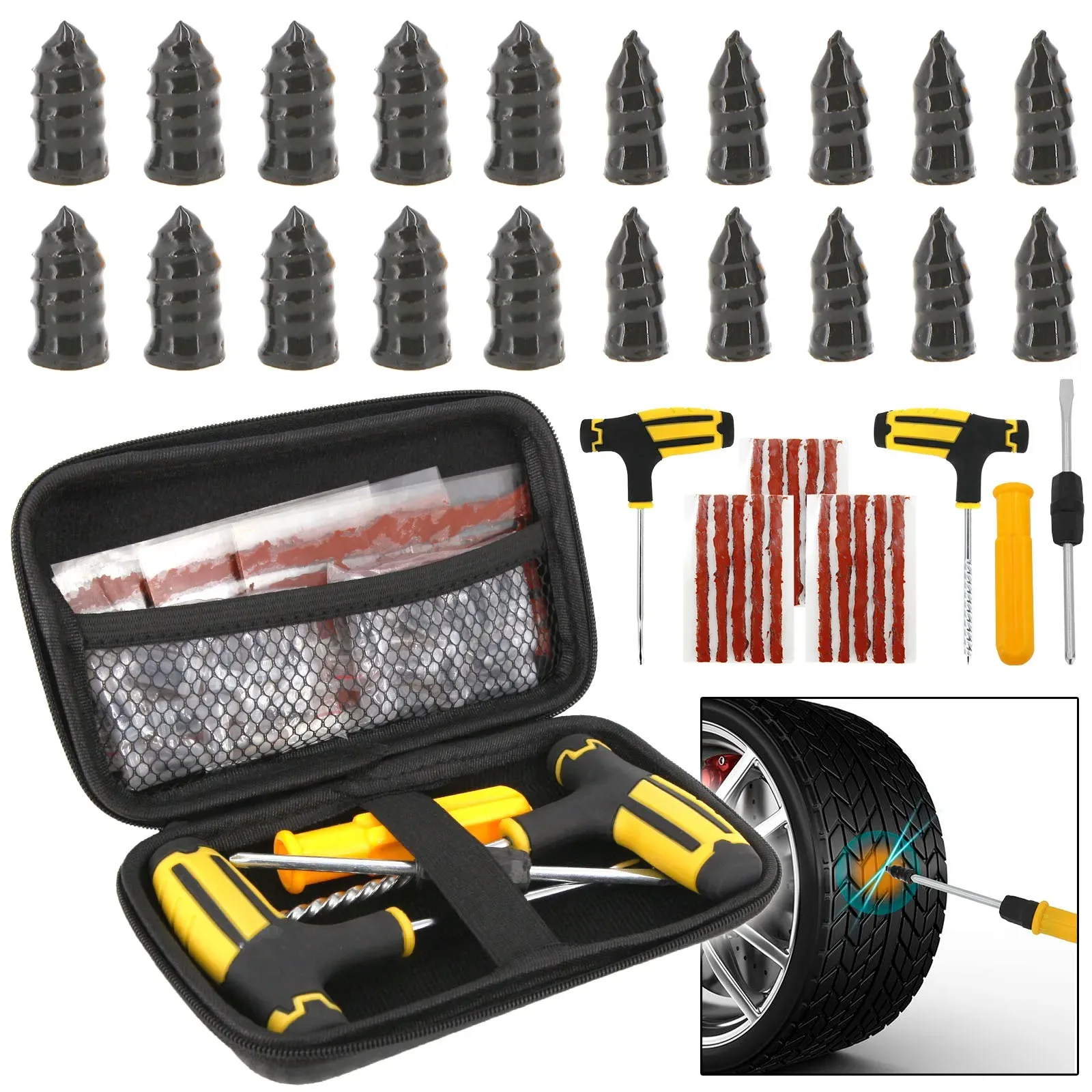 Kit di Riparazione Pneumatici per Moto e Auto con Chiodi, Set di Strumenti con Custodia in EVA per Riparazione Pneumatici Tubeless