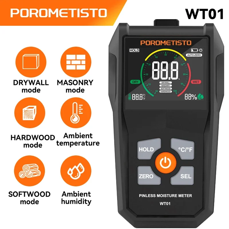 Misuratore di umidità digitale induttivo POROMETISTO WT01, tester non distruttivo per legno/cemento/mattoni, strumento portatile