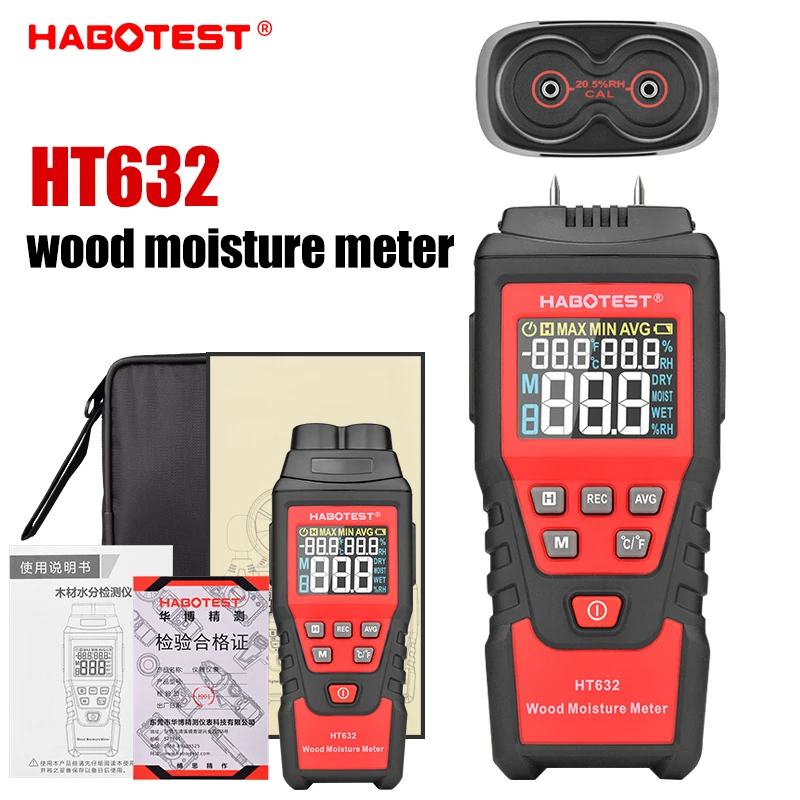HABOTEST HT632 Misuratore di umidità per legno Tester per acqua da parete Misuratore di umidità digitale Igrometro a due pin Rilevatore di mattoni di cemento e cemento