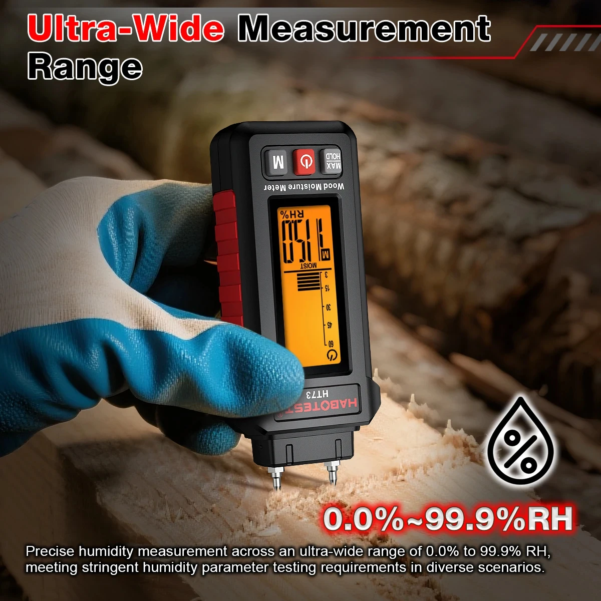 HT73 Misuratore di umidità digitale per legno a due pin 0-99,9% Tester di umidità per legna da ardere Legname Materiali da costruzione Rilevatore di umidità