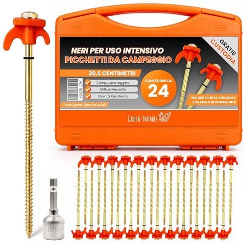 24 Pacco di Picchetti Tenda Campeggio in Metallo per Terreni Duri - Picchetti per Tenda Arancioni a vite Pesanti, Picchetti Campeggio, Picchetti Ancoraggio (20,5cm)