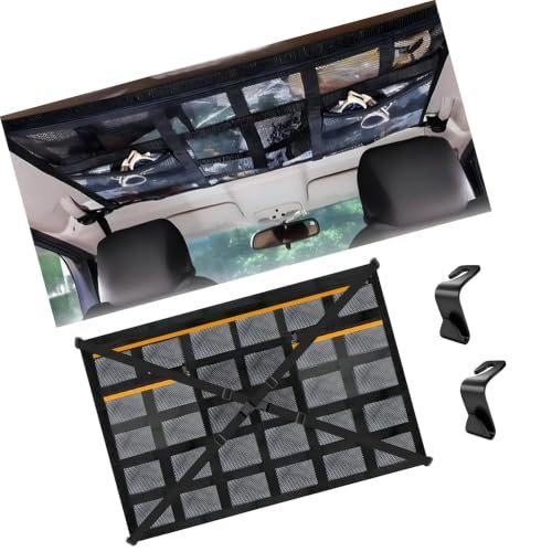1 Pezzi Rete Portaoggetti Auto, Deposito Bagagli Net Soffitto con Cinghie a Croce Regolabili e 3 Tasche con Cerniera, Universale Tetto Interno Borsa Rete Compatibile con SUV Furgoni Camper (90 × 65)