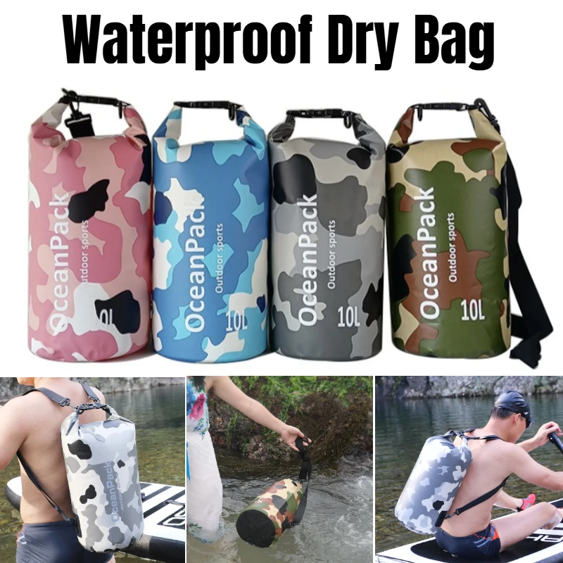 Borsa Impermeabile Mimetica con Chiusura Roll-Top, Zaino Dry Bag per Kayak, Nautica, Nuoto, Rafting, Pesca, Spiaggia