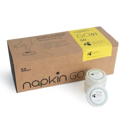 Confezione da 50 salviette umidificate tascabili pronte all'uso NAPKIN GO 01 in capsule monouso con fragranza Limoni di Sorrento, Biodegradabili, Anallergiche utilizzo anche su pelle sensibile.