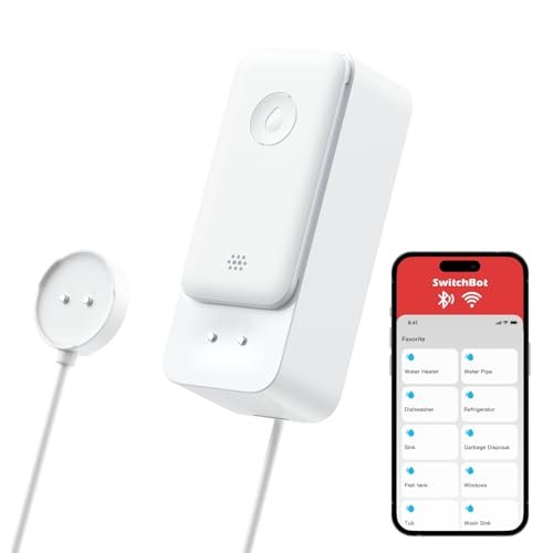 SwitchBot Sensore d'Acqua WiFi nessun Hub richiesto (Supporto 2.4G), Rilevatore di Perdite d'Acqua, Avvisi regolabili 100dB e di app, IP67 Impermeabile, Wireless con Cavo di Rilevamento 1m (3.28ft)