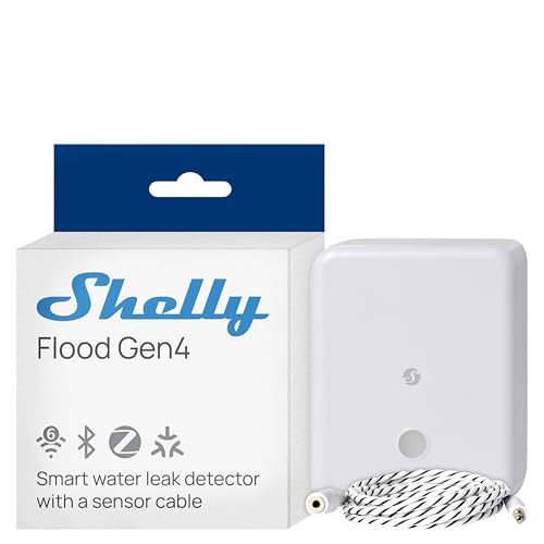 Shelly Flood Gen4 - Sensore Intelligente per Allagamenti con Cavo Sensore di Perdite, Wi-Fi & Matter, IP44, Tre Modalità di Allarme, Flood & Rilevamento Pioggia, Alexa, Google Home, HomeKit e Zigbee