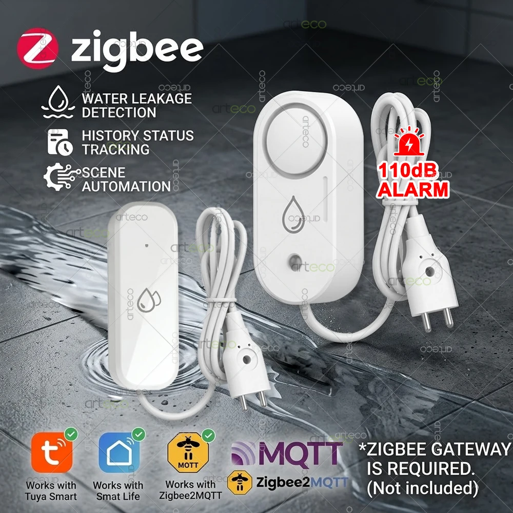 Sensore di perdite d'acqua Zigbee con allarme sirena da 110 dB per cucina/bagno, supporta Tuya Smart Life e Zigbee2MQTT