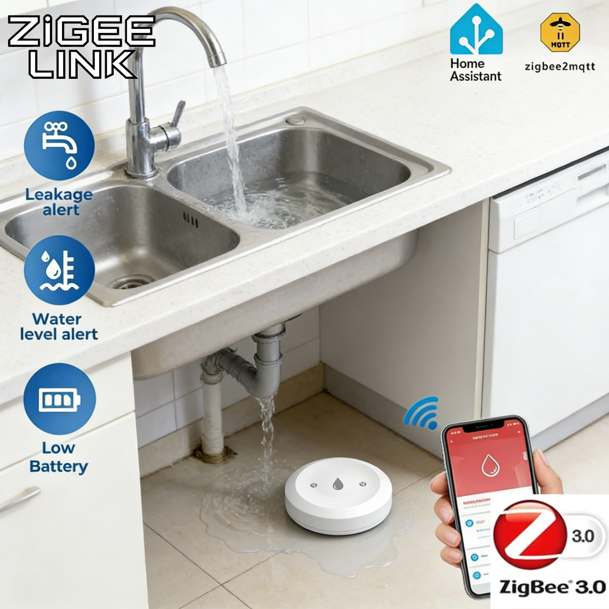Rilevatore di perdite d'acqua Tuya ZigBee 3.0, sensore intelligente di allagamento con monitoraggio remoto tramite app per cucina/bagno, compatibile con Home Assistant e Zigbee2mqtt