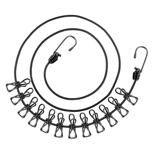 Filo Sstendibiancheria da Viaggio con 12 Clip, Filo per Stendere da Viaggio Elastico, Stendibiancheria Portatile da Viaggios, Stendibiancheria da Viaggio, Ideale per Outdoor, Vacanza, Camper (nero)