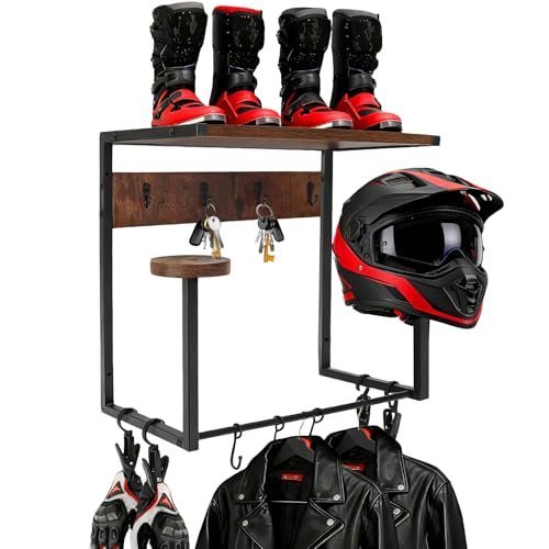 GHWMYD portacasco da parete, appendi casco moto con ripiano di legno e 2 caschi porta, 4 clip 9 ganci per appendere guanti per attrezzature da moto, resistente espositore porta casco