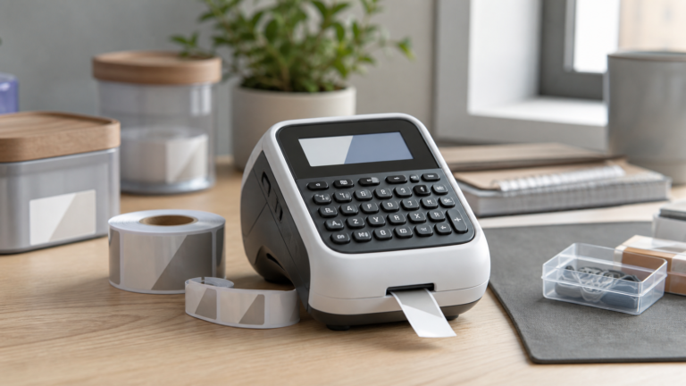 Etichettatrice portatile con rotoli di etichette su una scrivania ordinata - Shoptips.it