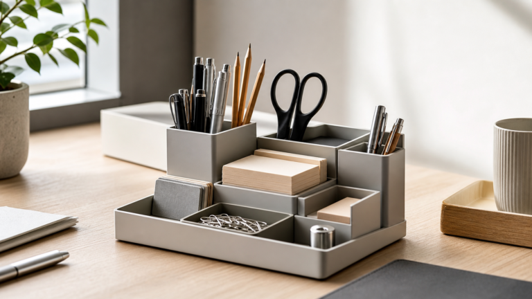 Portapenne e organizer modulare con accessori su una scrivania moderna - Shoptips.it