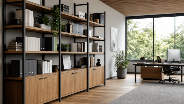 Libreria moderna in legno e metallo arredata in un ufficio luminoso - Shoptips.it