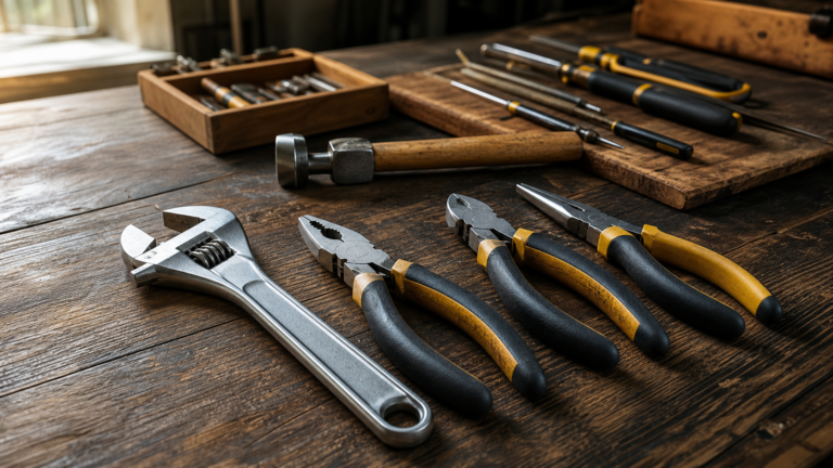 Chiave inglese regolabile e pinze su banco da lavoro - ShopTips.it