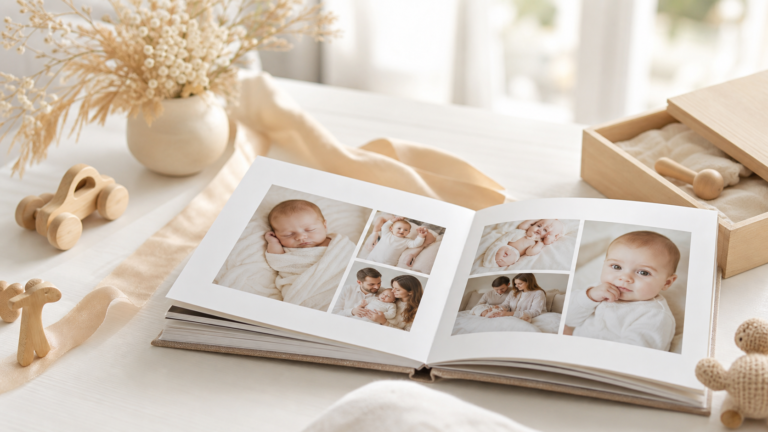 Album fotografico per bambini aperto su un tavolo - ShopTips.it