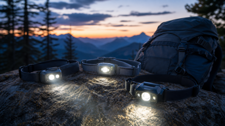 Lampade frontali LED per campeggio e trekking appoggiate su roccia con zaino outdoor