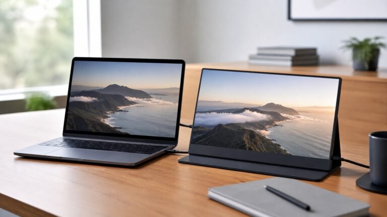 Monitor portatile moderno accanto a laptop - ShopTips.it