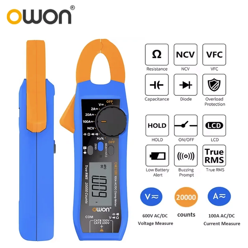 Mini pinza amperometrica intelligente OWON CM2100/B | Corrente/tensione CA/CC con gamma automatica | Funzione di monitoraggio e registrazione dati Bluetooth