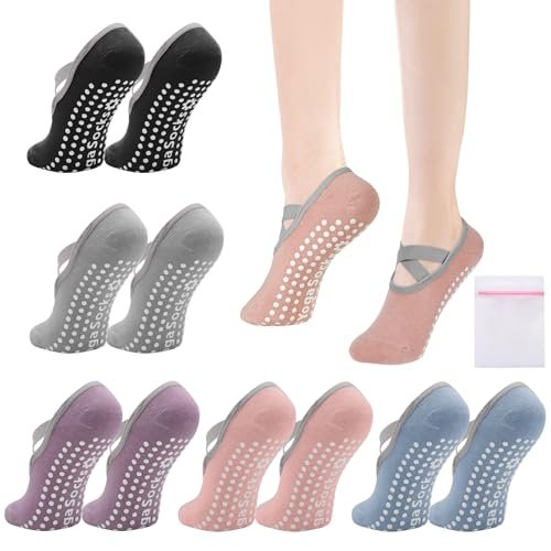 VEGCOO 5 Paia Calzini Antiscivolo Donna Pilates, Calze Yoga Sportivi con Cinturino, Cotone Calzini Antiscivolo Yoga Donna per Pilates, Fitness, Danza, Balletto, EU35-38 (5 Colori)