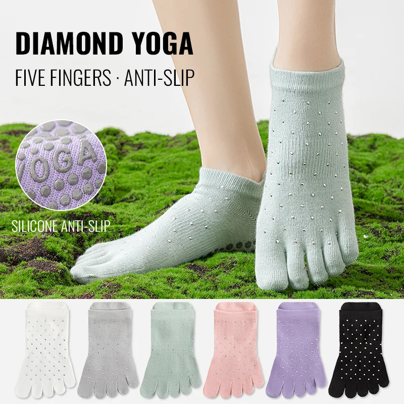 MiiOW Calzino antiscivolo per pilates Calzino per yoga da donna Calzini a cinque dita Calzino per fitness indoor Calzini con punta divisa Calzino con decorazione a diamante