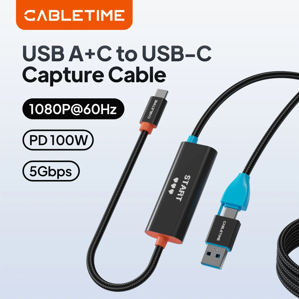CABLETIME 1080P@60Hz 5Gbps USB3.0 Video Capture with 100W PD Card USB A/USB C 2 in 1 Capture Cable l for Tablet Laptop Switch