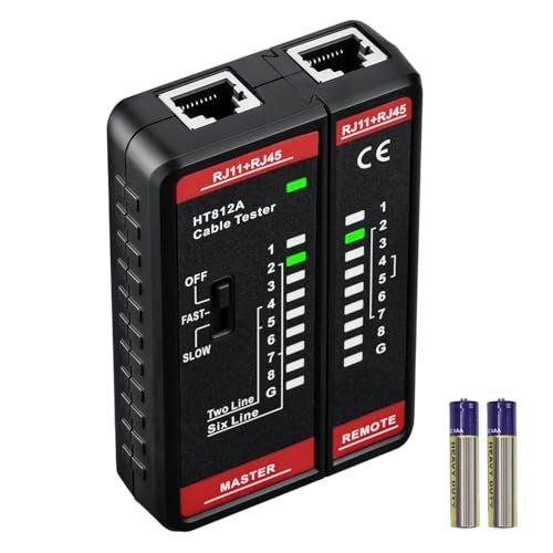 Tester Cavi di Rete LAN, Tester per Cavi RJ45 per CAT5 CAT5e CAT6 CAT6A, Tester Professionale Linea Telefonica RJ11 con Rilevamento Live, Cercacavi per Cavi Patch Incl. 2 Batterie AAA