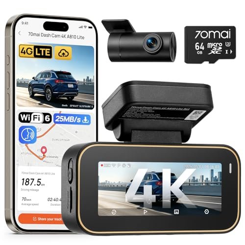 70mai A810 Lite Dash Cam Auto 4K +1080P, 5GHz WiFi, Doppia T
