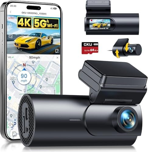 GKU 4K Dash Cam Auto, 5GHz WiFi e GPS, Doppia Telecamera Aut