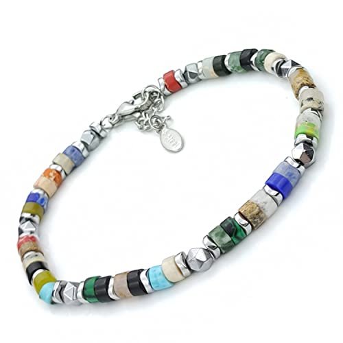 SAGA GIOIELLI® Bracciale Uomo Rondelle Pietre Dure Acciaio 