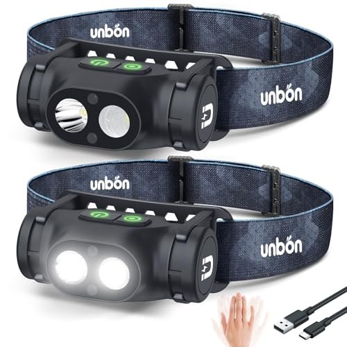 UNBON Torcia Frontale LED Ricaricabile, 2 Pezzi Lampada Fron